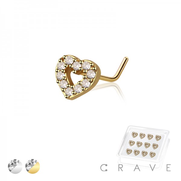12PCS OF CZ HEART 316L SURGICAL STEEL L-SHAPE NOSE BOX
